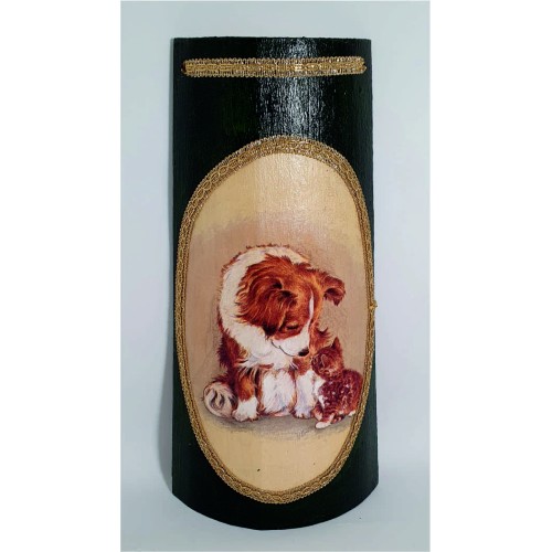 Tegola  grande cane con micetto gatto decoupage su legno